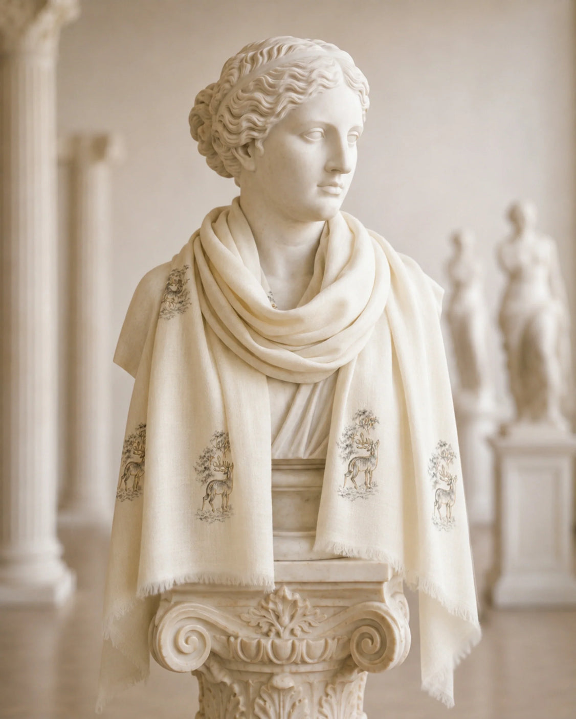 Off White Pure Pashmina Hand-Painted Scarf - Reining Rein Deer & Ivory Hand-Painted Pure Pashmina Tie & Pocket Square Set