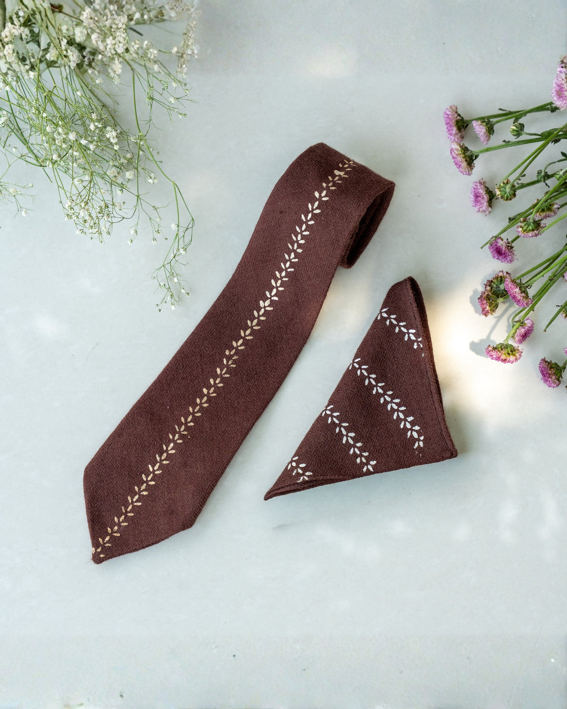 Brown Silver Printed Pure Pashmina Tie & Pocket Square Set
