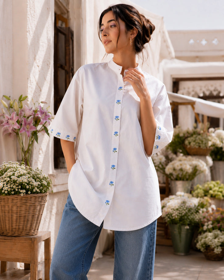 Ivory Blue Lotus Handpainted Cotton Shirt With Band Neck