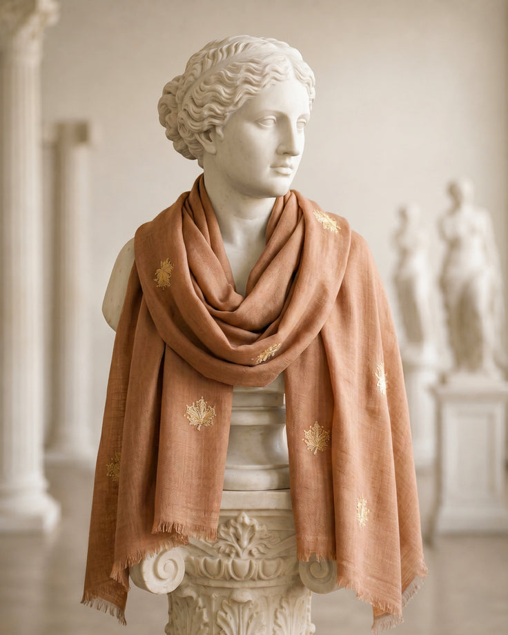 Brown Toosh Natural Chinar Patta Embroidered Pure Pashmina Scarf