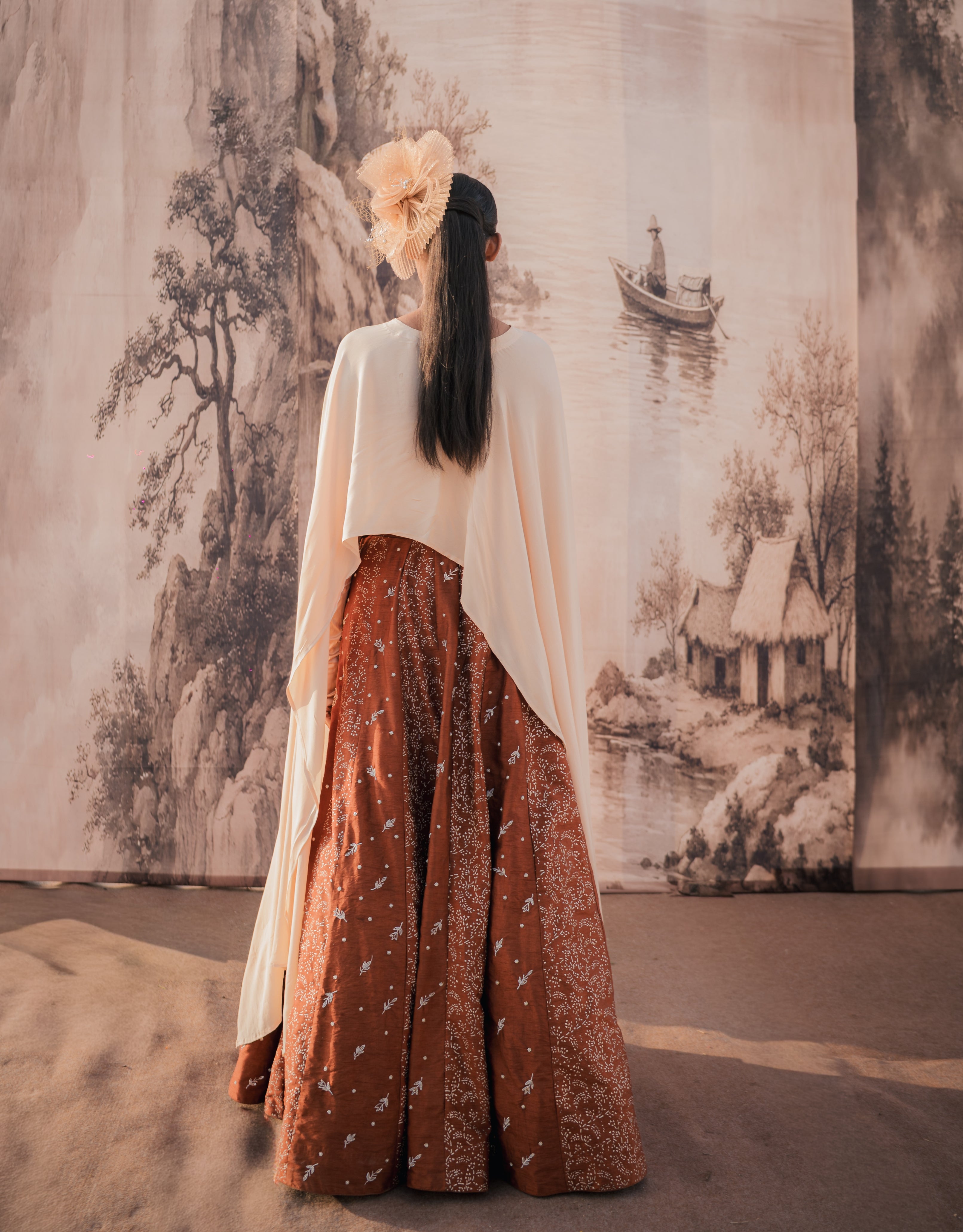Chocolate Beige Silver Printed & Embroidery Skirt & Cape