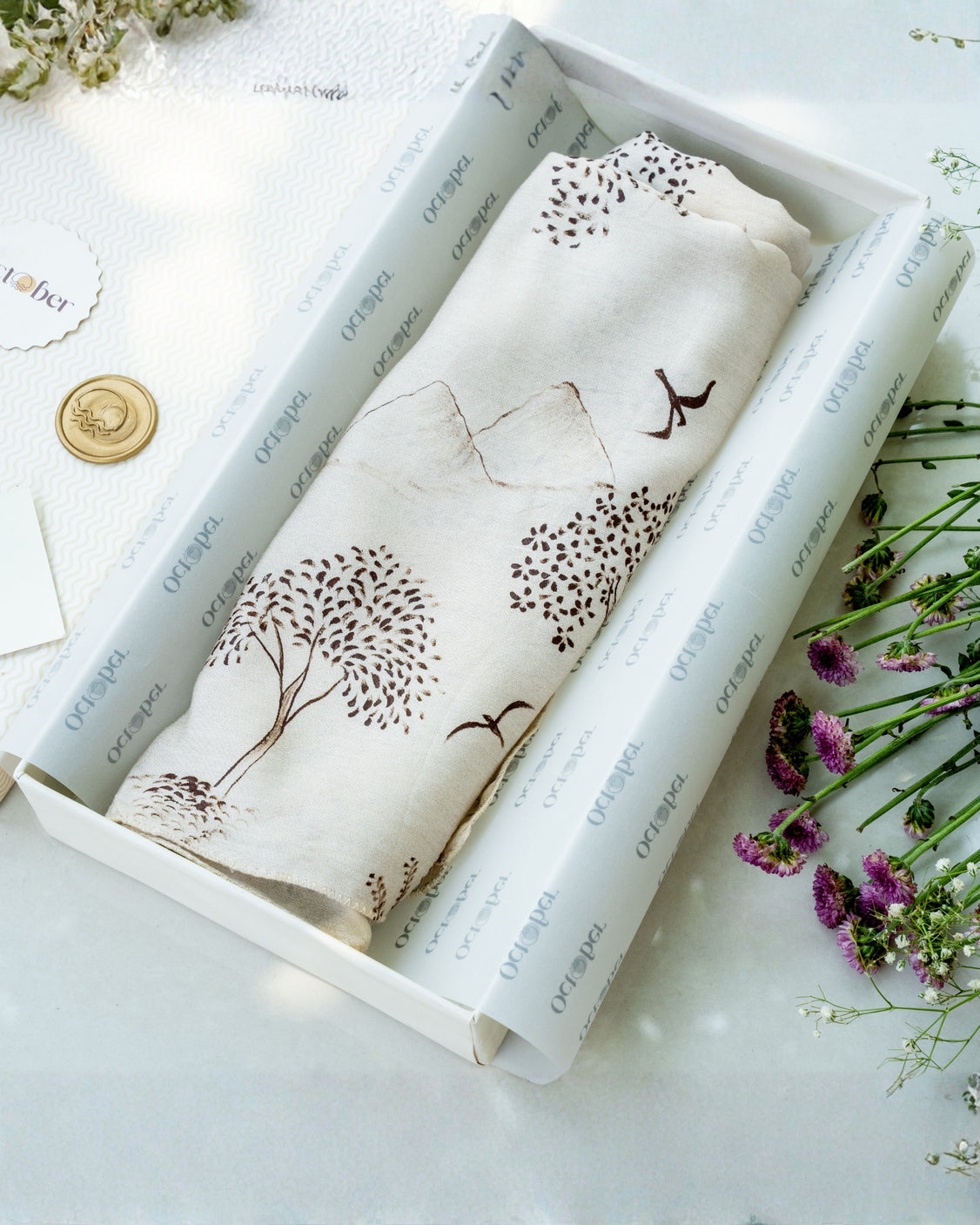 Ivory Hand-Painted Chanderi Silk Scarf