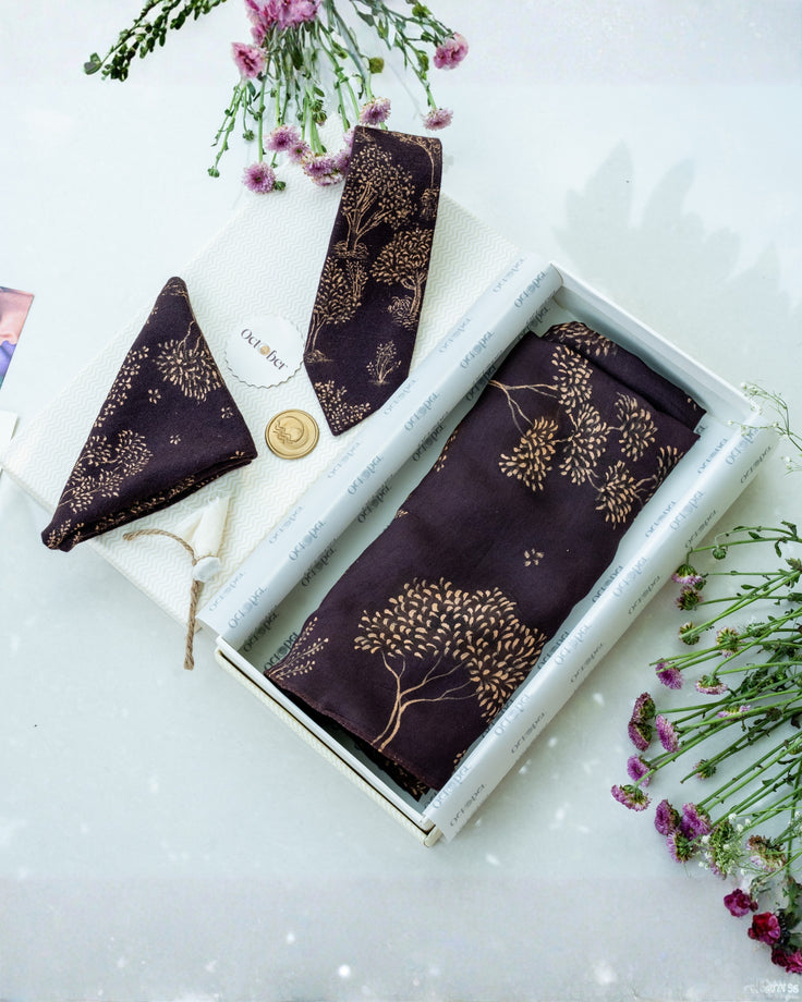 Brown Hand-Painted Chanderi Silk Scarf & Pure Pashmina Tie & Pocket Square Gift Set