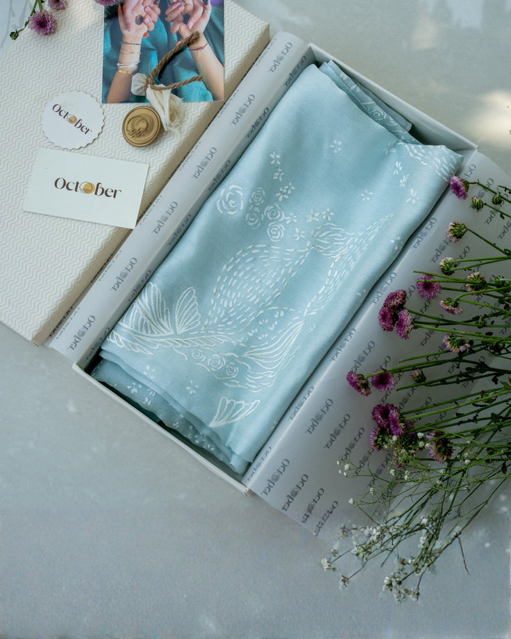 Powder Blue Hand-Painted Chanderi Silk Scarf
