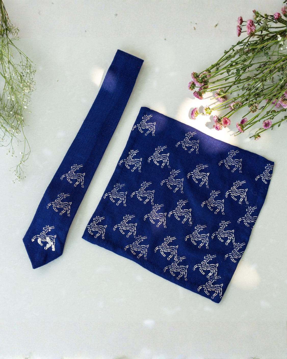 Navy Blue Pure Pashmina Silver Printed Tie & Pocket Square Set