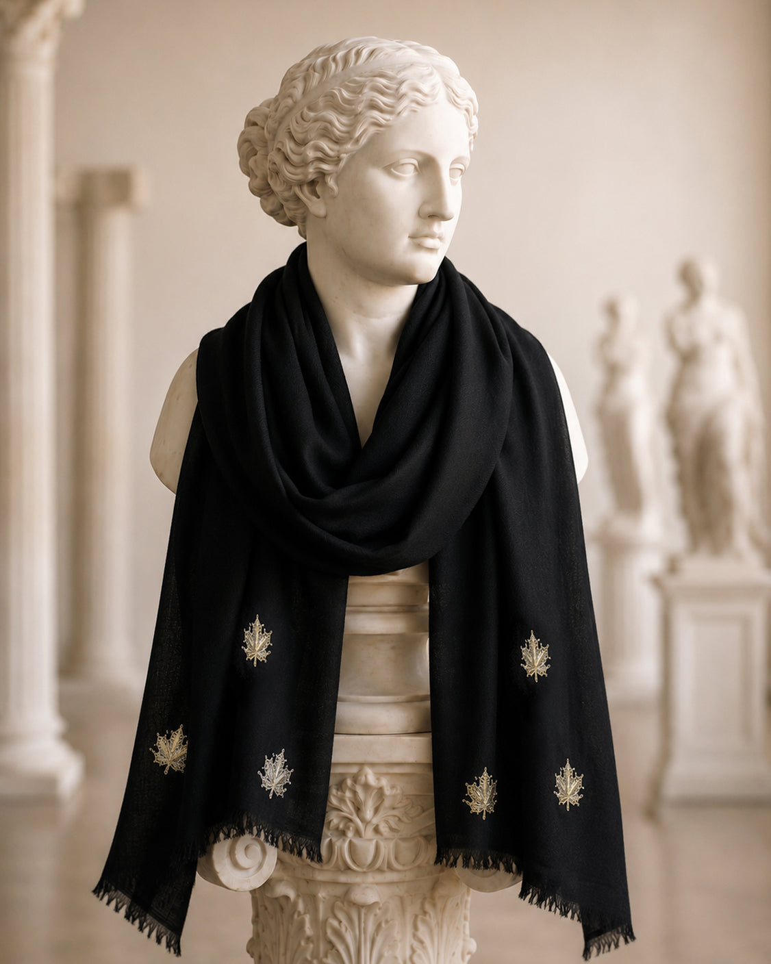 Black Chinar Patta Embroidered Pure Pashmina Scarf