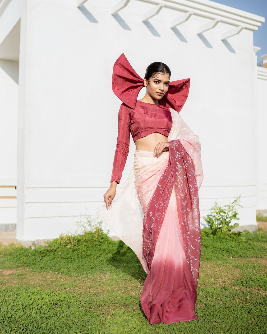 Burgundy Blush Silver Printed Organza Saree