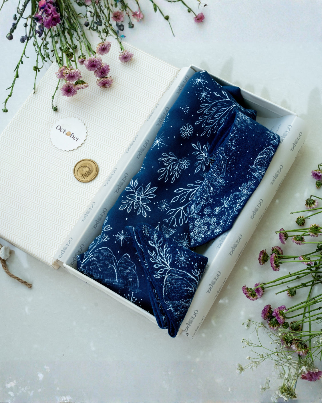 Blue Hand-Painted Chanderi Silk Scarf & Pure Pashmina Tie & Pocket Square Gift Set
