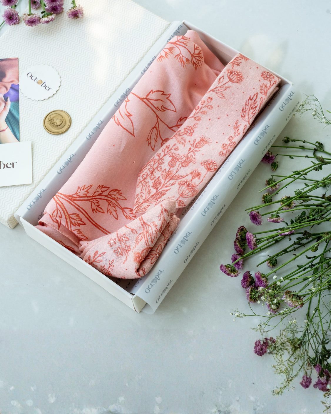 Peach Hand-Painted Chanderi Silk Scarf & Pure Pashmina Tie & Pocket Square Gift Set