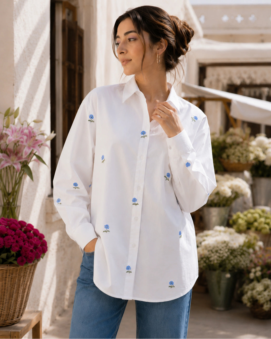 Porcelain Blue Rose Handpainted Cotton Shirt