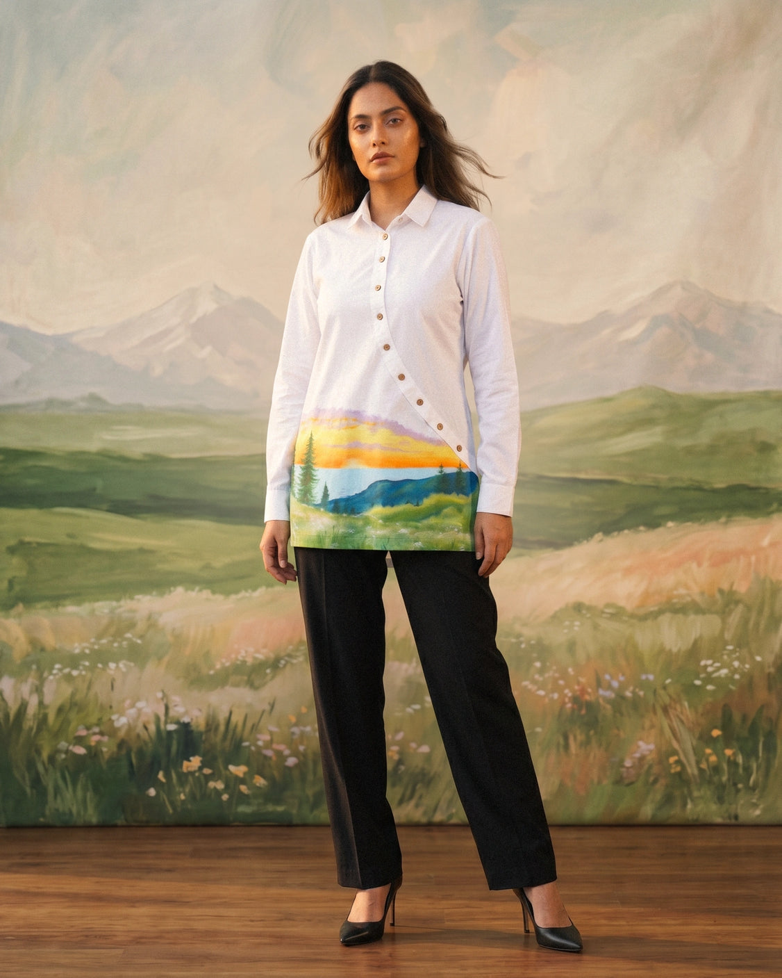 Asymmetirc Ivory Handpainted Cotton Shirt