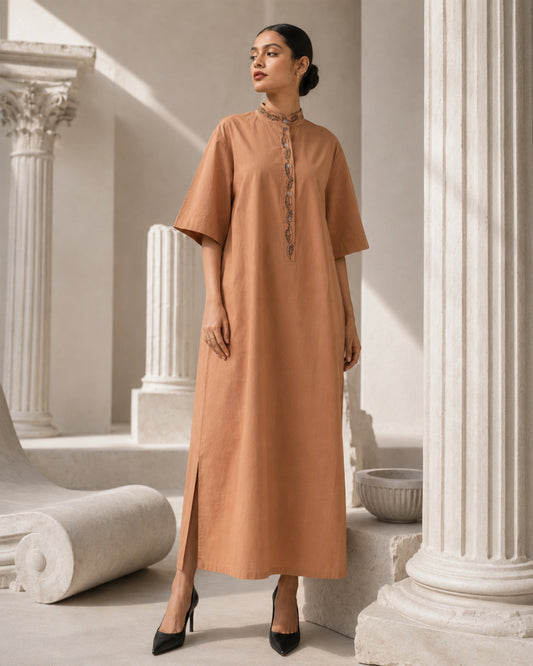 Coffee Caramel Handpainted Straight Cotton Dress