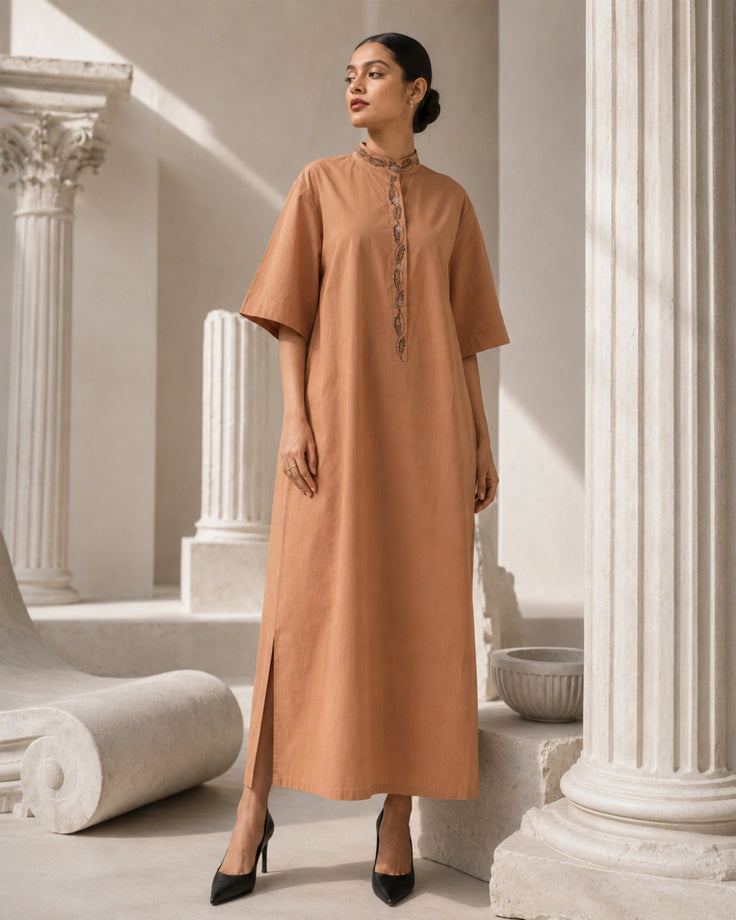 Coffee Caramel Handpainted Straight Cotton Dress