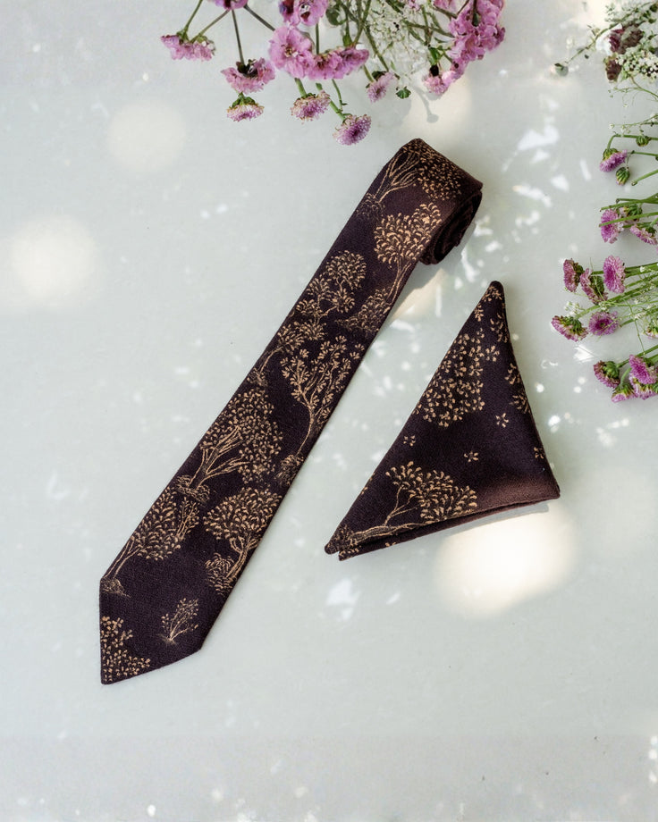 Brown Hand-Painted Pure Pashmina Tie & Pocket Square Set