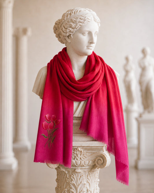 Red And Pink Ombre Tulip Bunch Fine Wool Scarf
