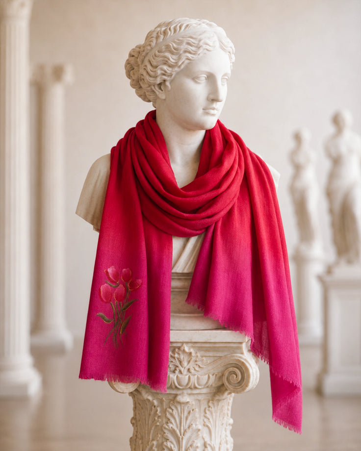 Red And Pink Ombre Tulip Bunch Fine Wool Scarf