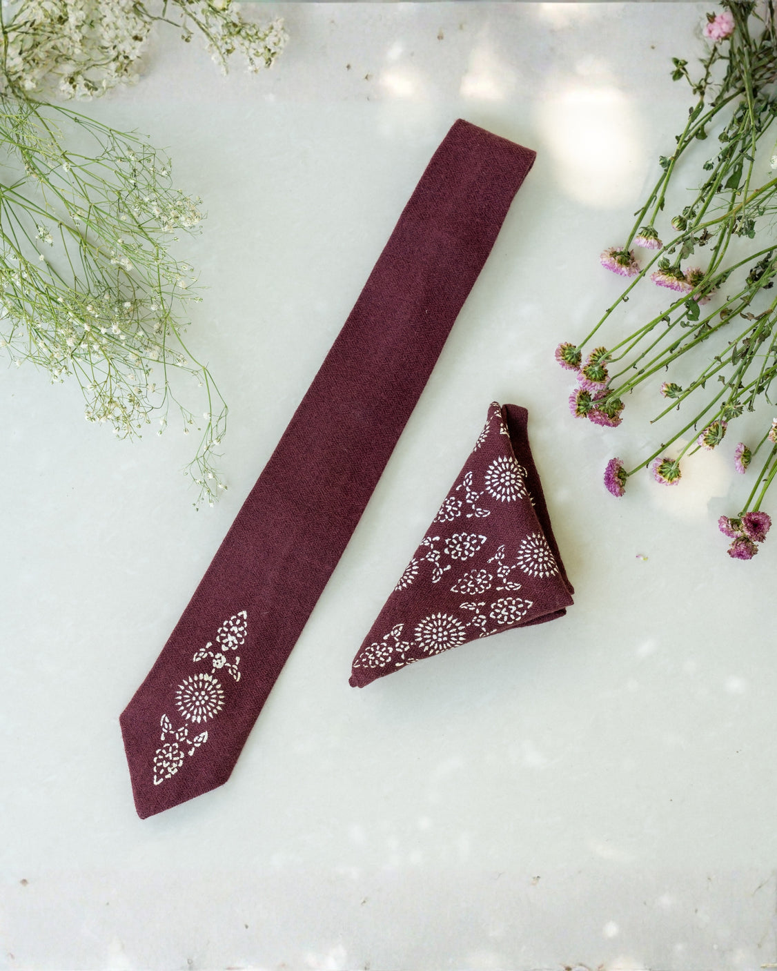 Brown Pure Pashmina Silver Printed Tie & pocket Square Set