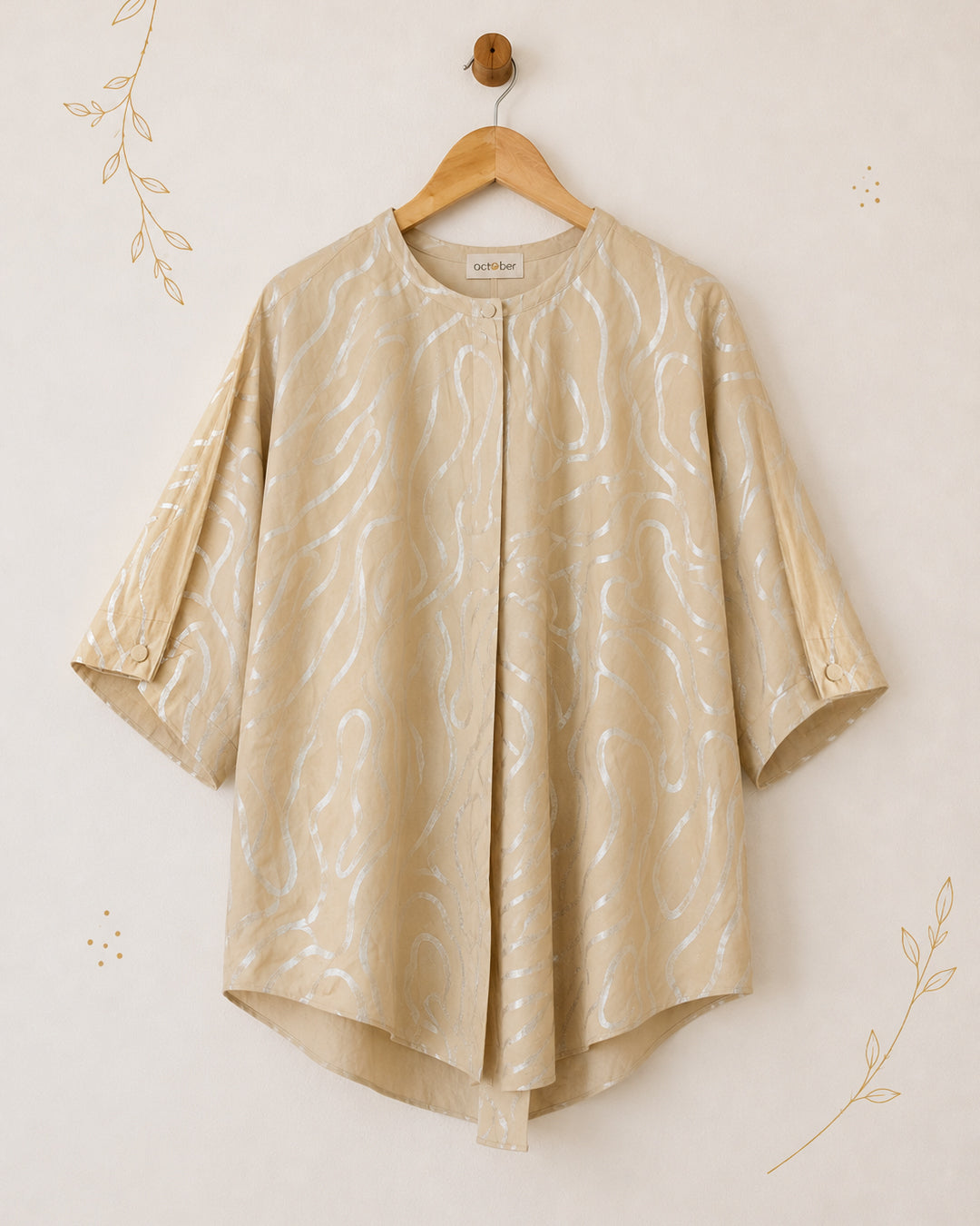 Beige Abstract Wave Silver Printed Cotton Shirt