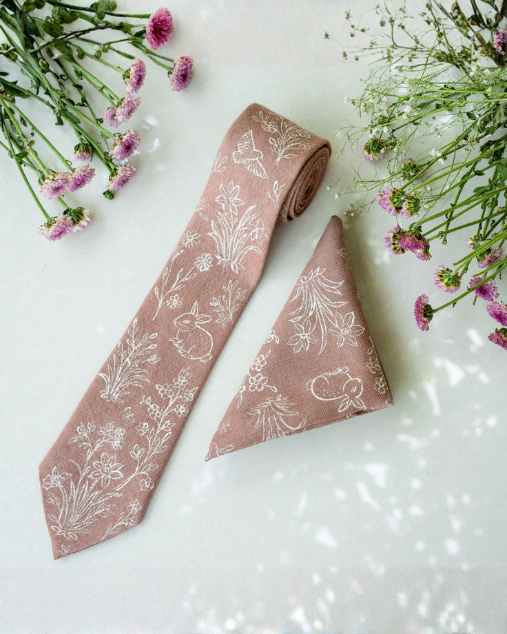 Dusty Rose Hand-Painted Pure Pashmina Tie & Pocket Square Set