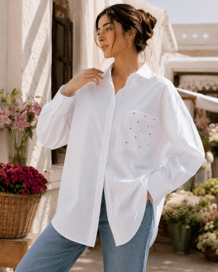 Cloud White Heart Pocket Handpainted Oversized Shirt