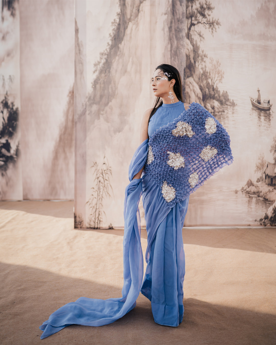 Frost Blue Smocked Silver Printed Organza Saree