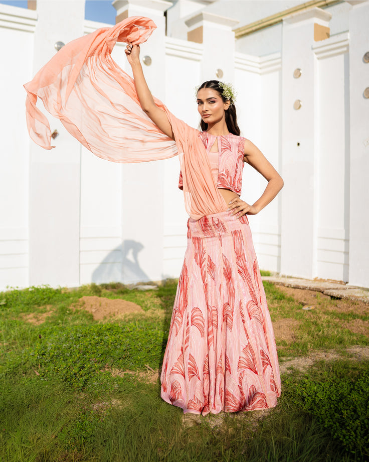 Peachy Embroidery & Handpainted Lehenga Saree Set