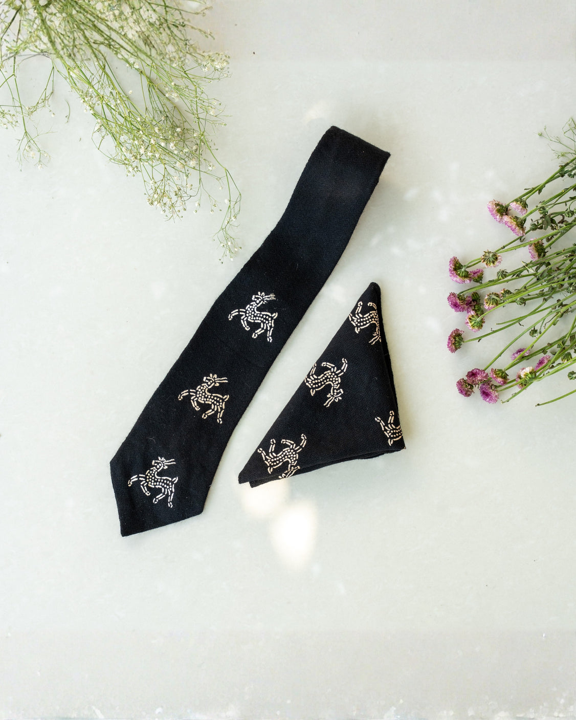 Black Silver Printed Pure Pashmina Tie & pocket Square Set