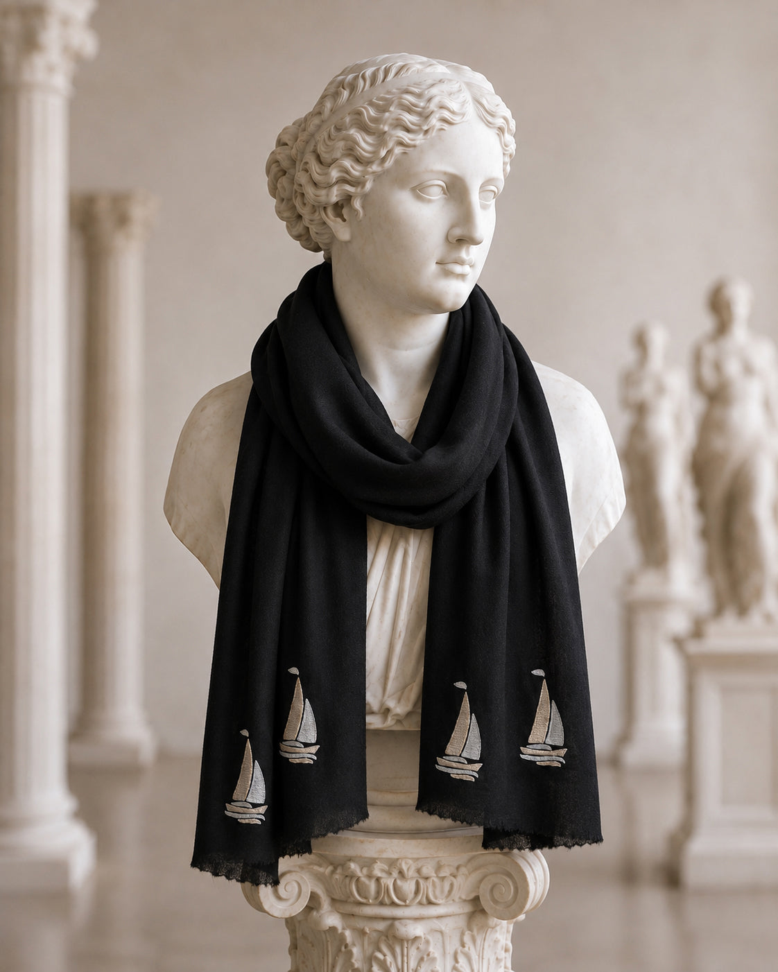 Yatch Party Fine Wool Black Embroidered Scarf