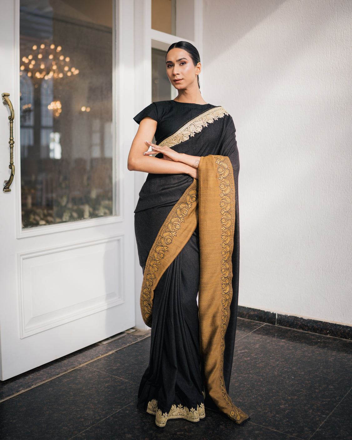 Ochre Black Reversible Embroidery & Handpainted Pashmina Saree