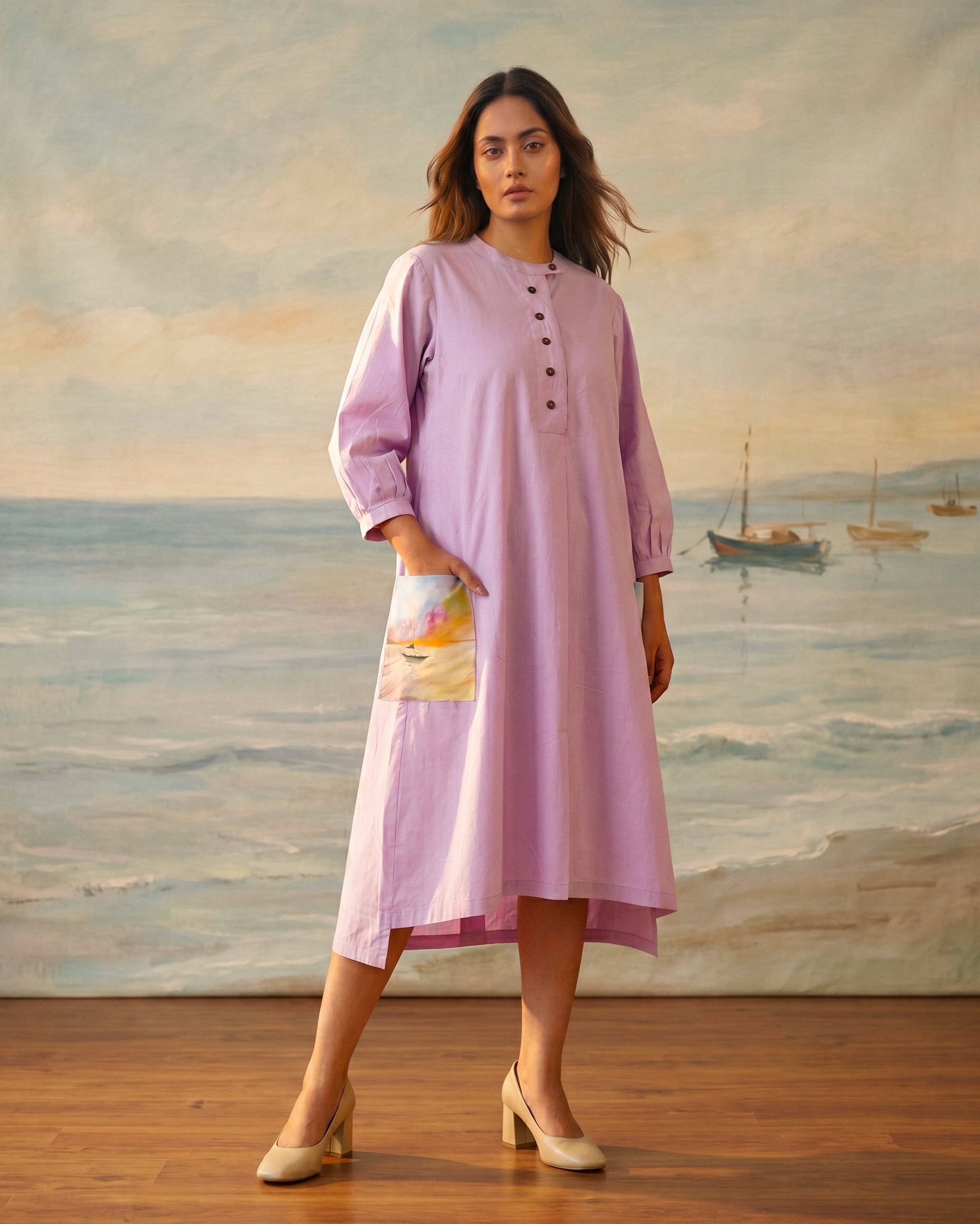 Lilac Cotton Handpainted Pocket Dress
