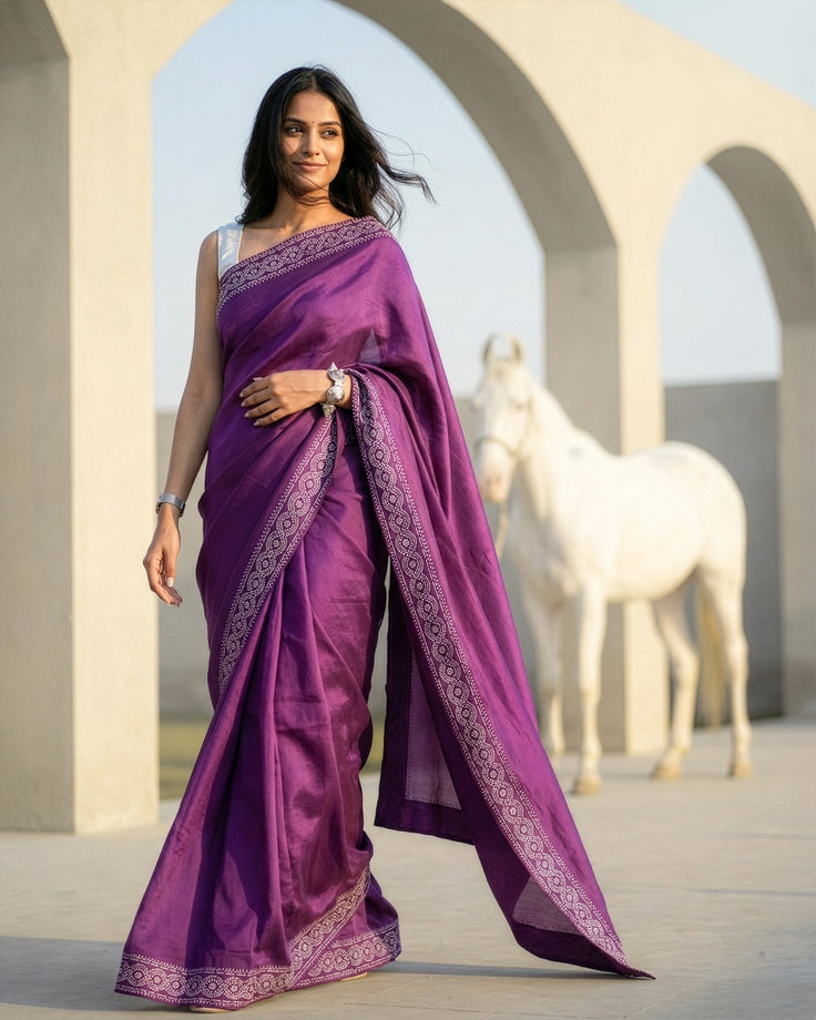 Dark Plum Real Silver Saree in Silk