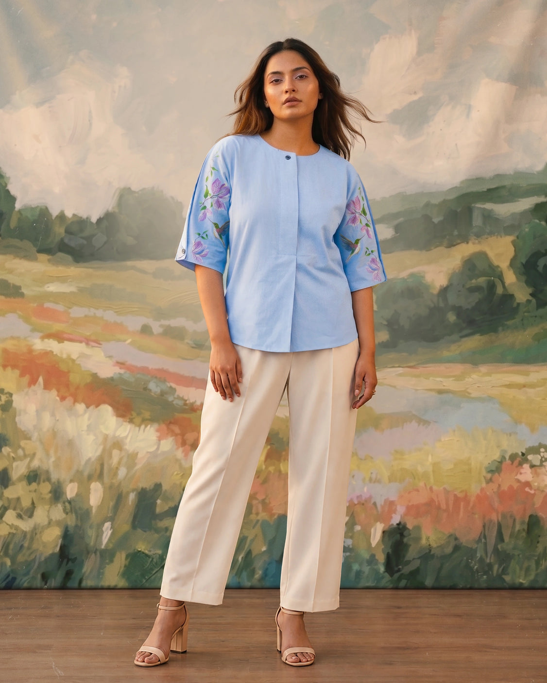Sky Bougainvilla Handpainted Cotton Shirt