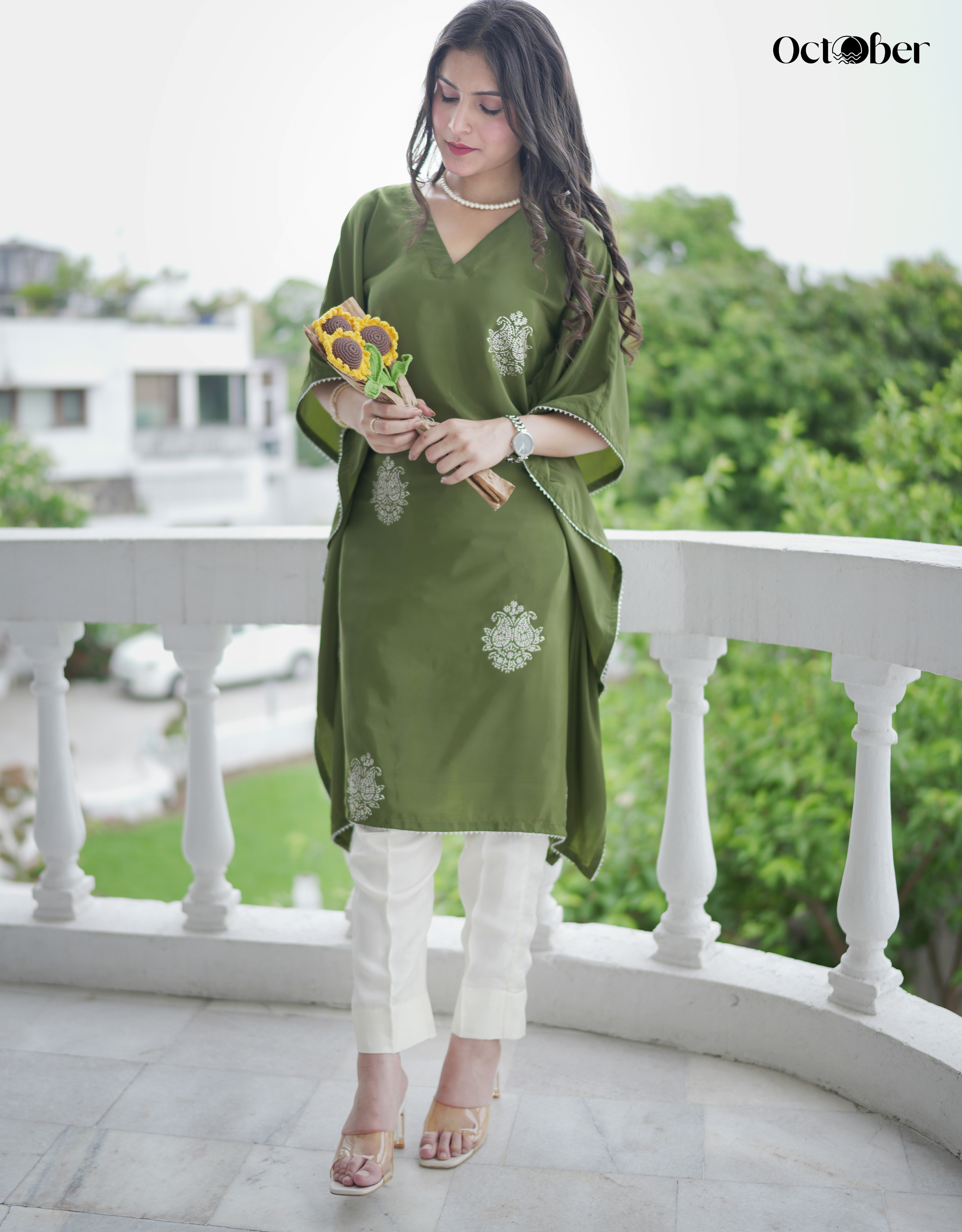 Sage Real Silver Crepe Kaftan