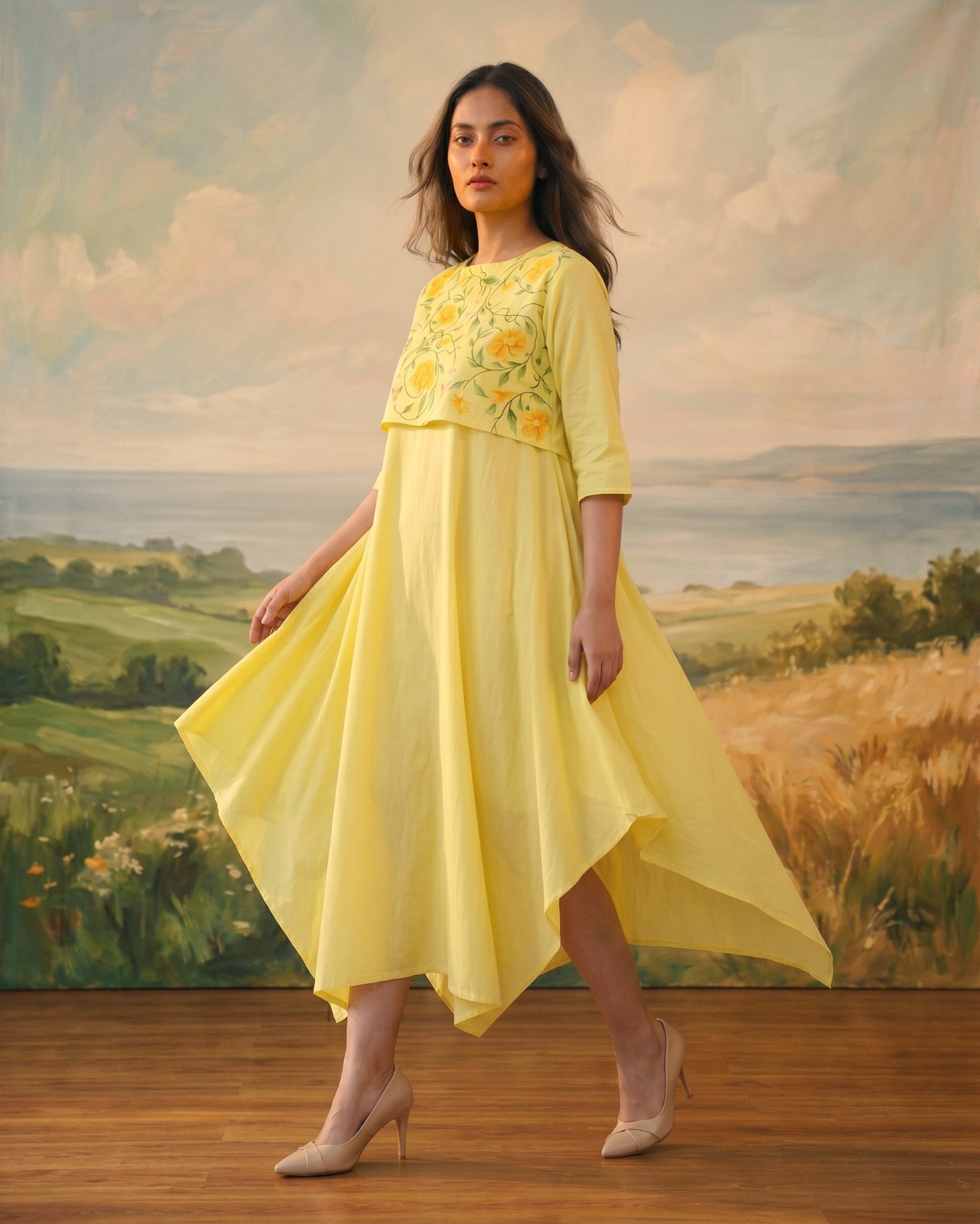 Summer Handpainted Asymmetric Cotton Dress