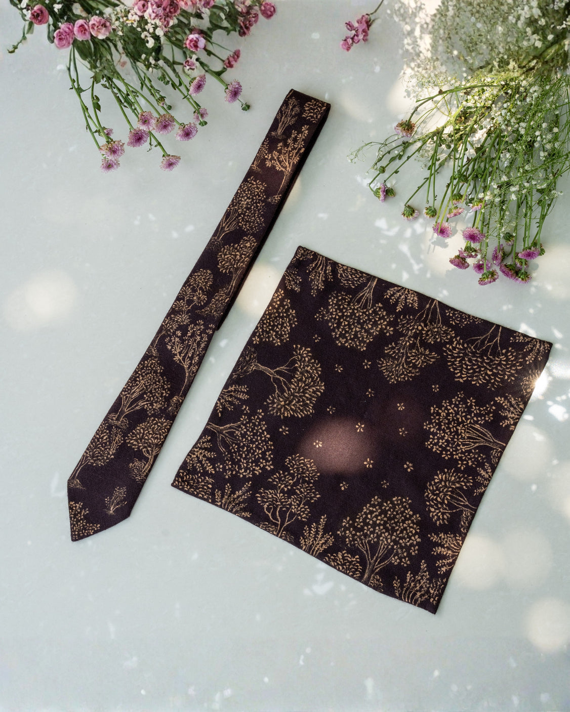 Brown Hand-Painted Pure Pashmina Tie & Pocket Square Set