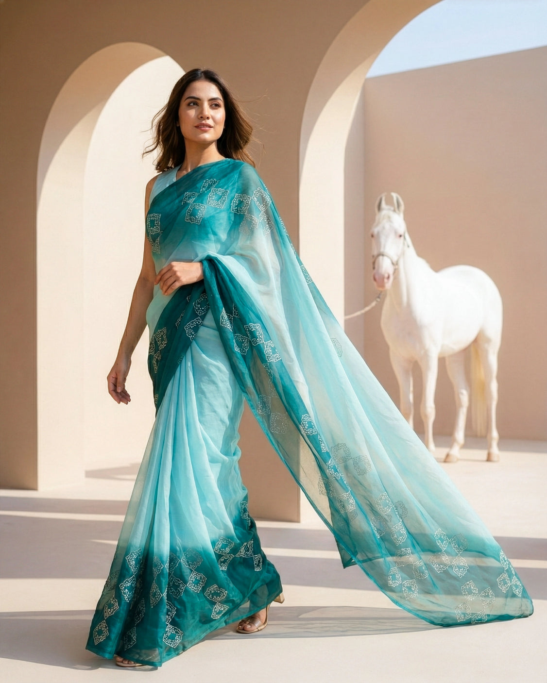 Turquoise Real Silver Organza Saree