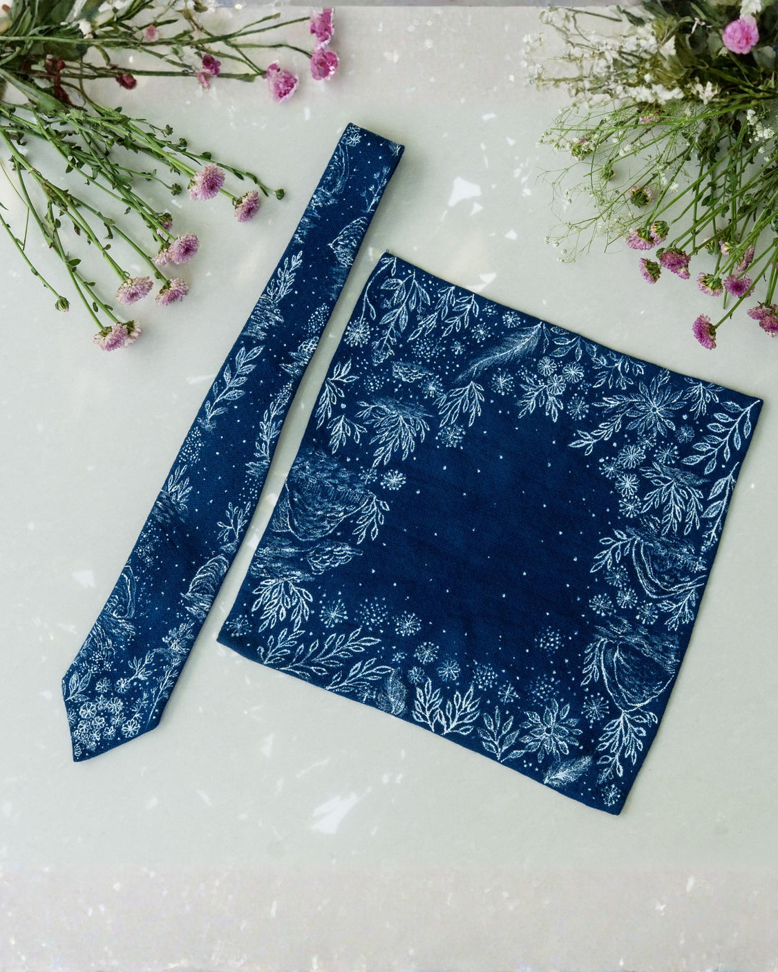 Midnight Blue Hand-Painted Pure Pashmina Tie & Pocket Square Set