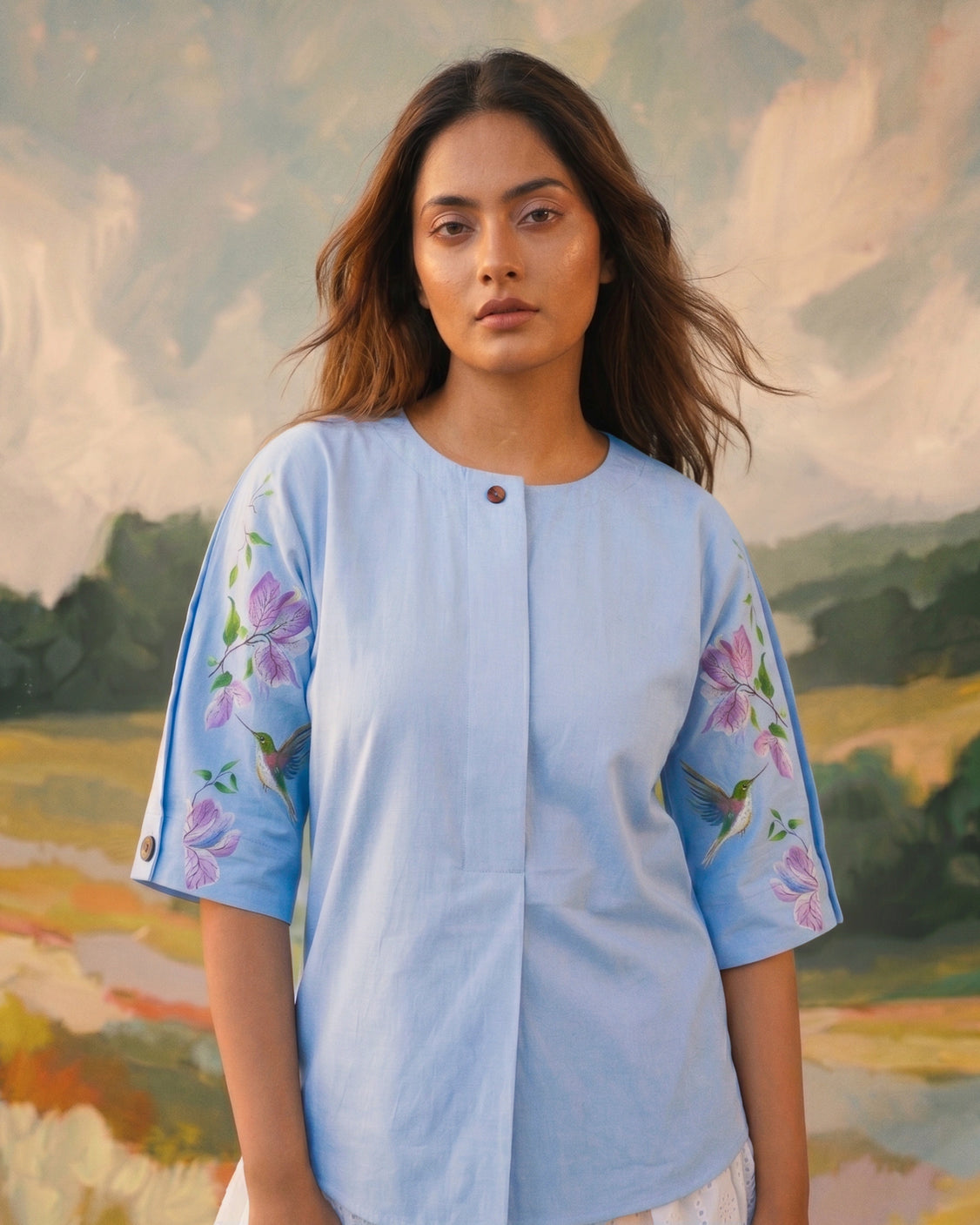 Sky Bougainvilla Handpainted Cotton Shirt