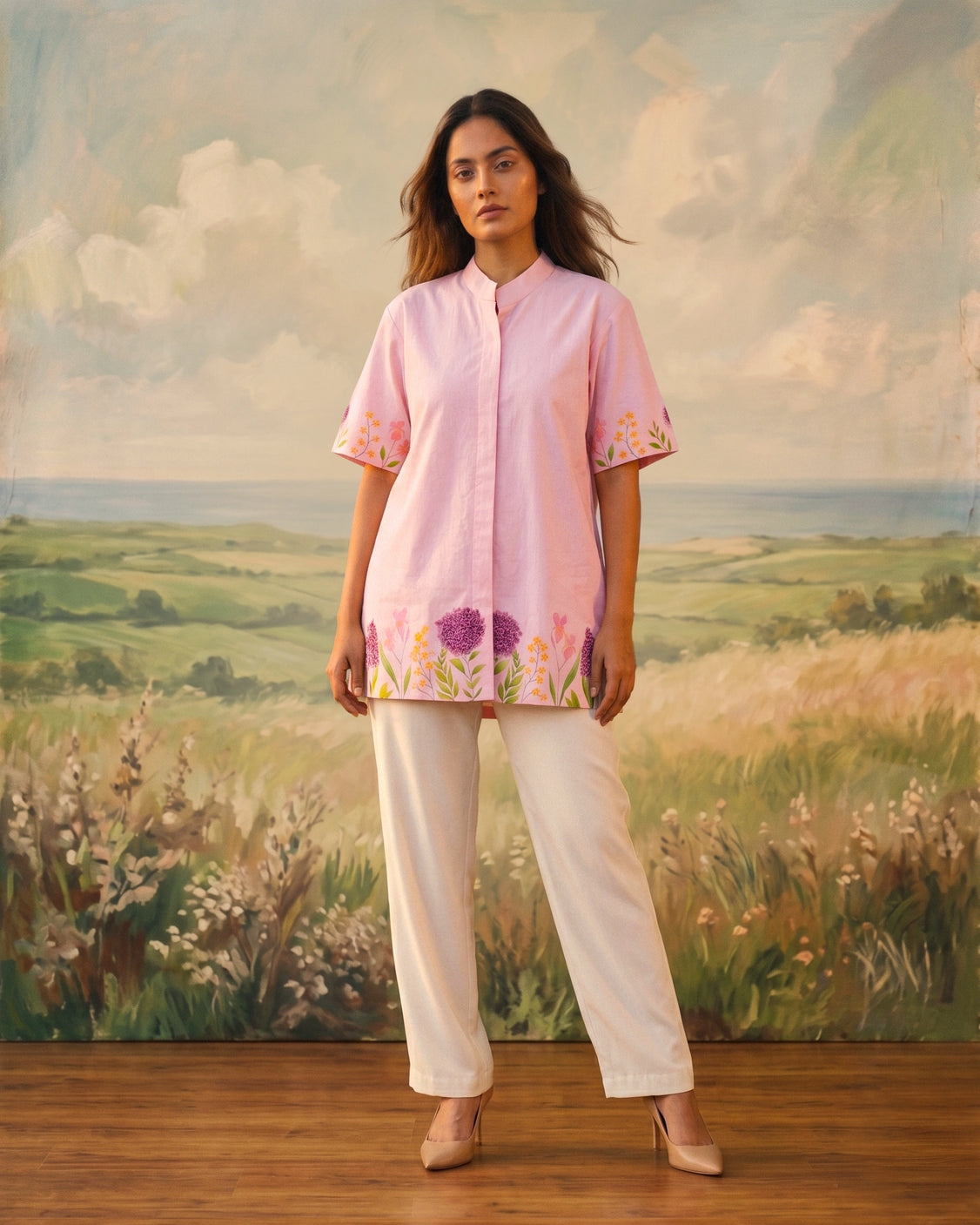 Blush Floral Handpainted Cotton Shirt