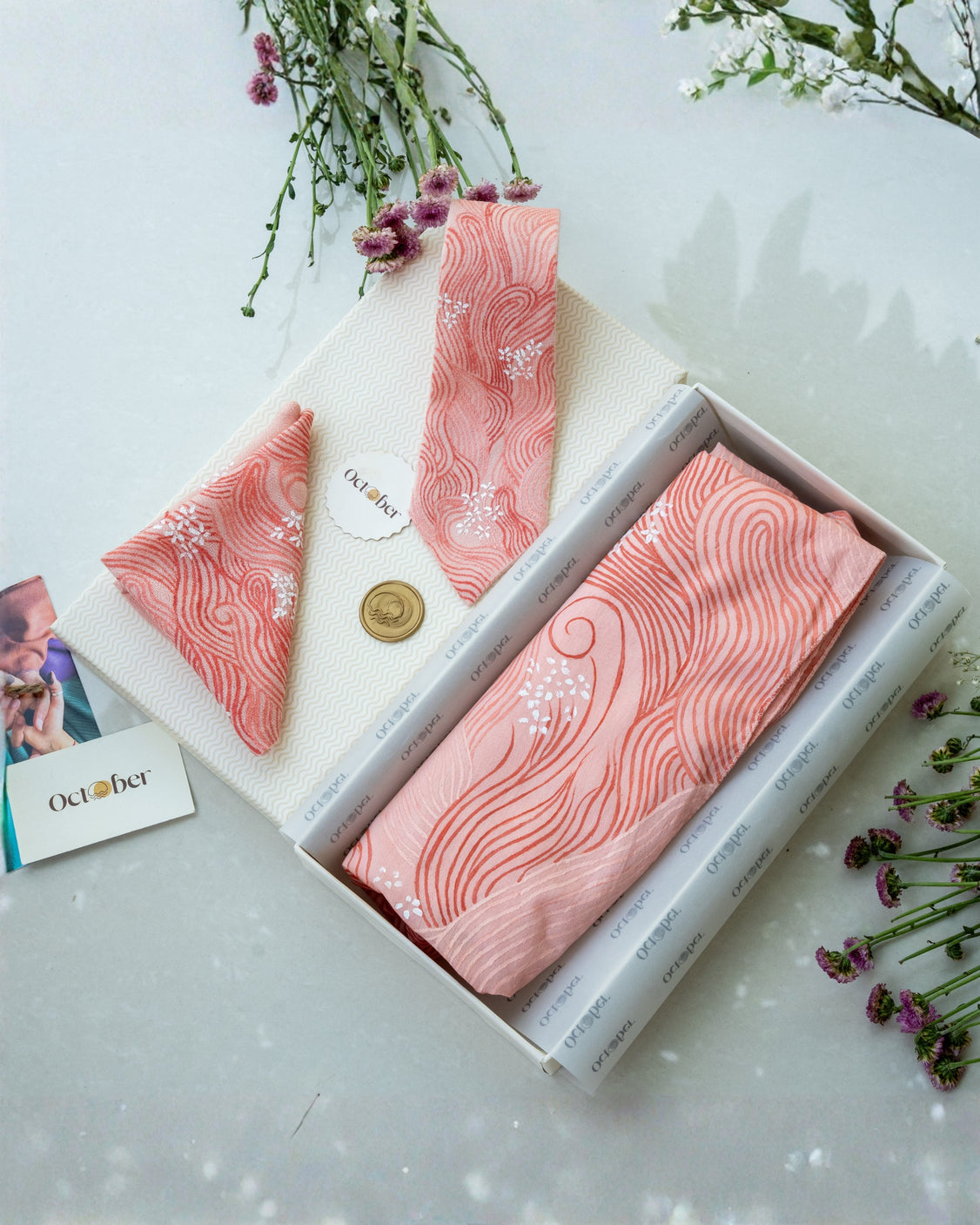 Blush Pink Hand-Painted Chanderi Silk Scarf & Pure Pashmina Tie & Pocket Square Gift Set
