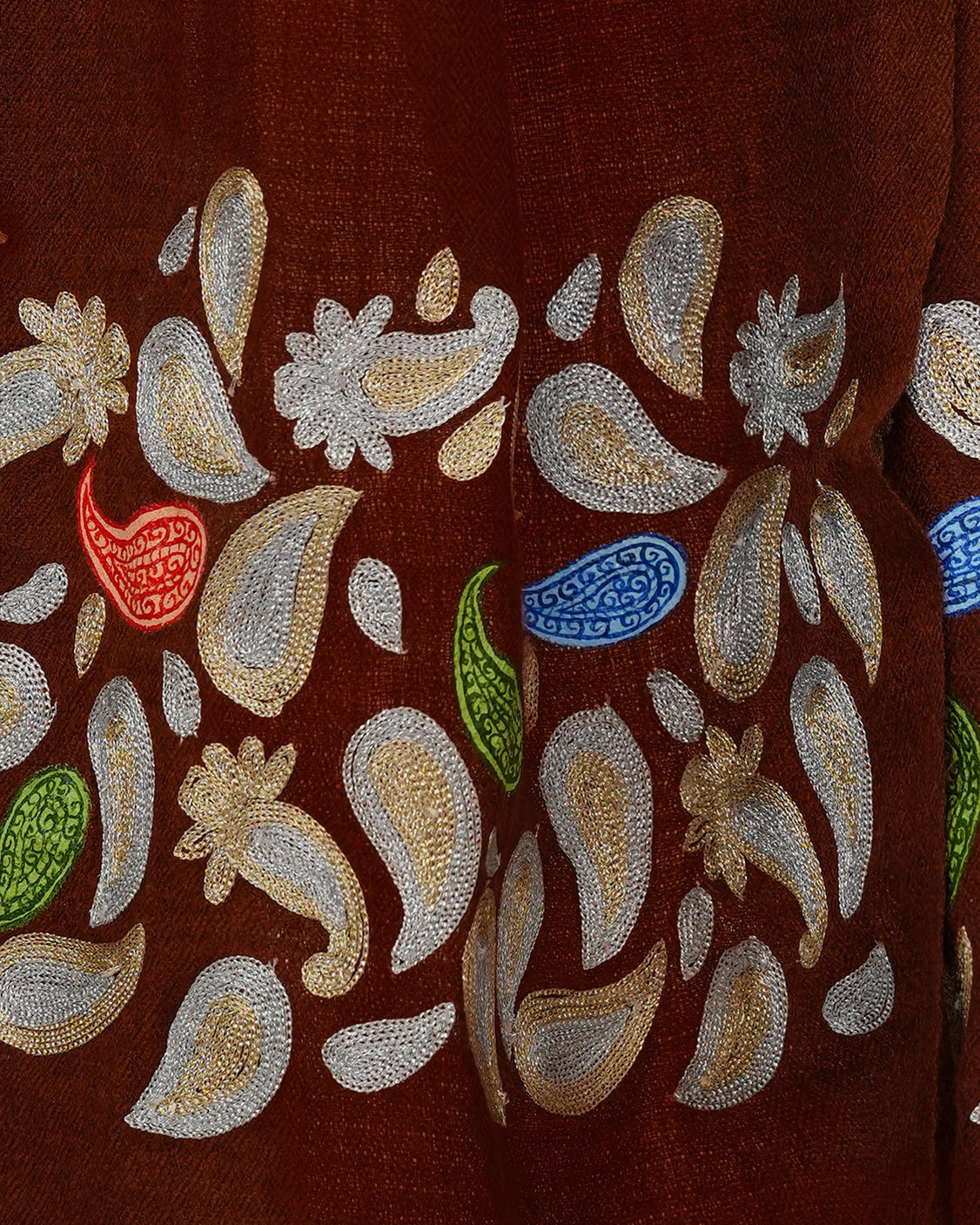 Dark Brown Pure Pashmina Embroidered and Handpainted Scarf