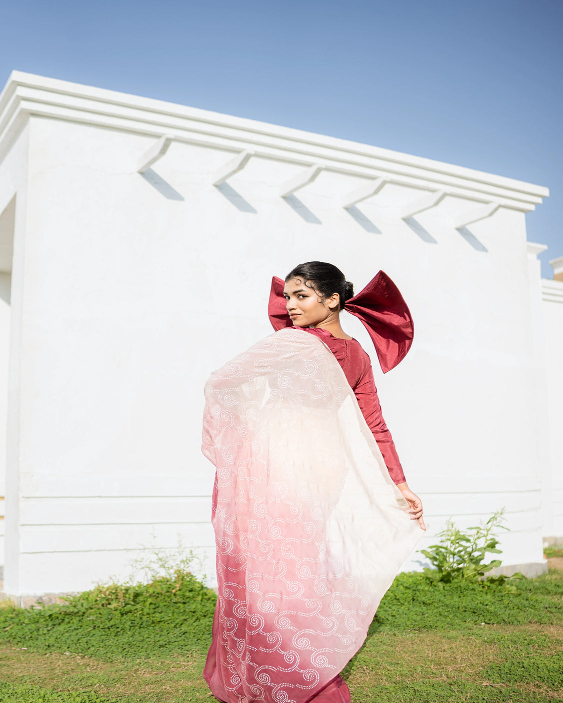 Burgundy Blush Silver Printed Organza Saree