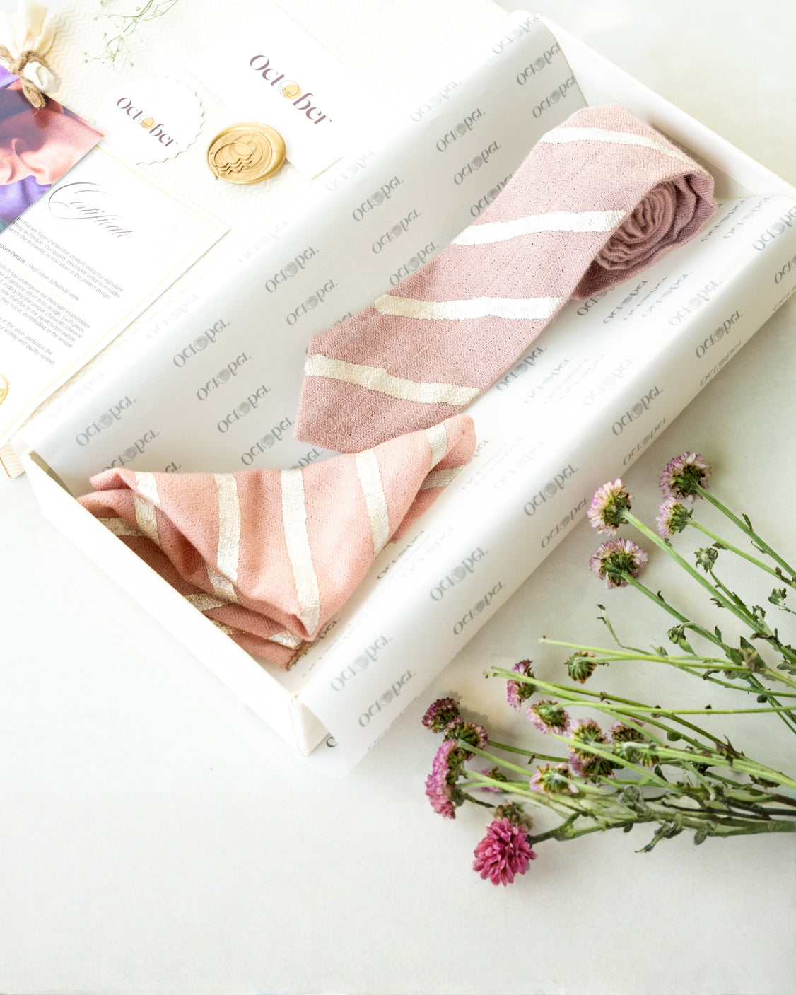 Peach Pure Pashmina Silver Printed Tie & Pocket Square Set