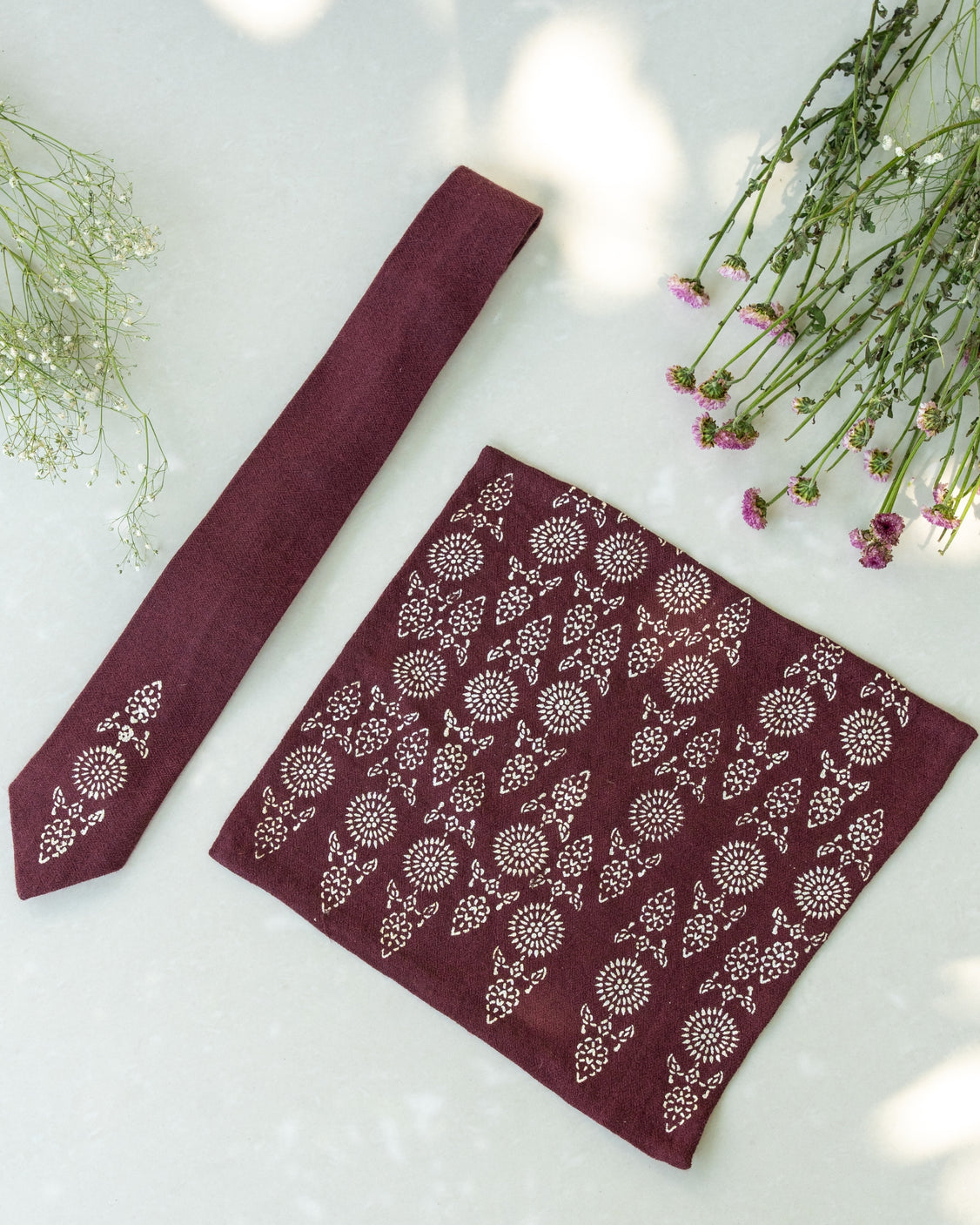 Brown Pure Pashmina Silver Printed Tie & pocket Square Set