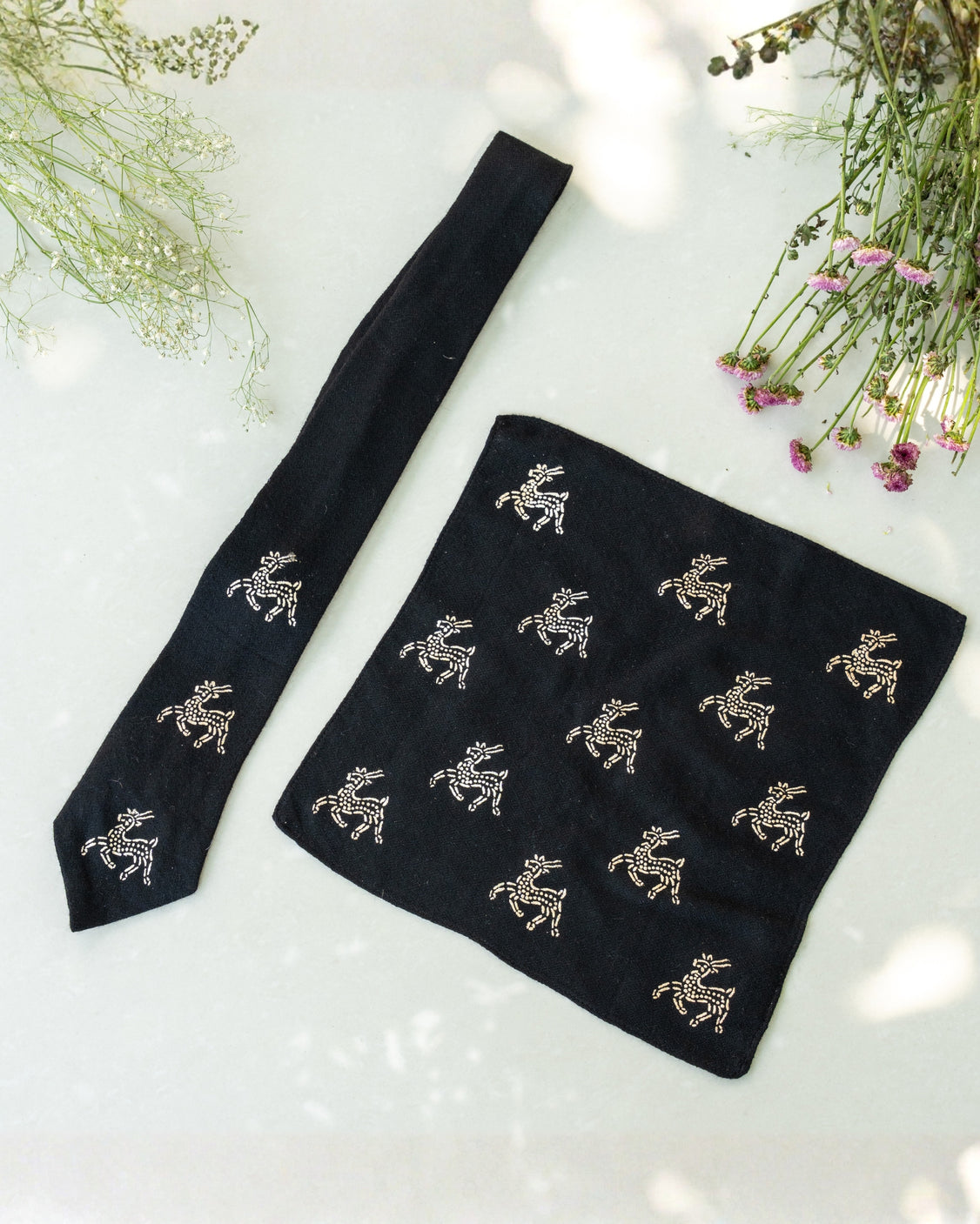Black Silver Printed Pure Pashmina Tie & pocket Square Set