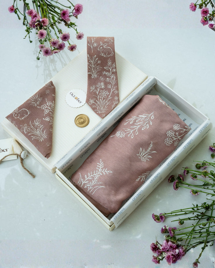 Dusty Rose Hand-Painted Chanderi Silk Scarf & Pure Pashmina Tie & Pocket Square Gift Set