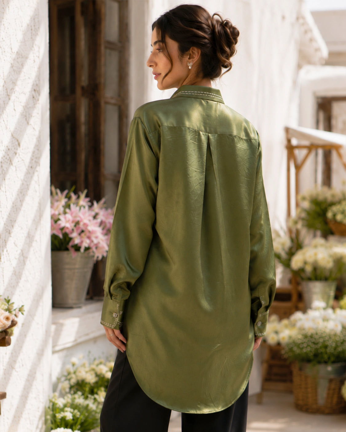 Sage Real Silver Back Pleat Mashru Shirt