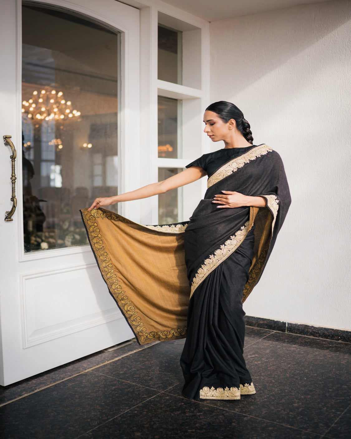 Ochre Black Reversible Embroidery & Handpainted Pashmina Saree
