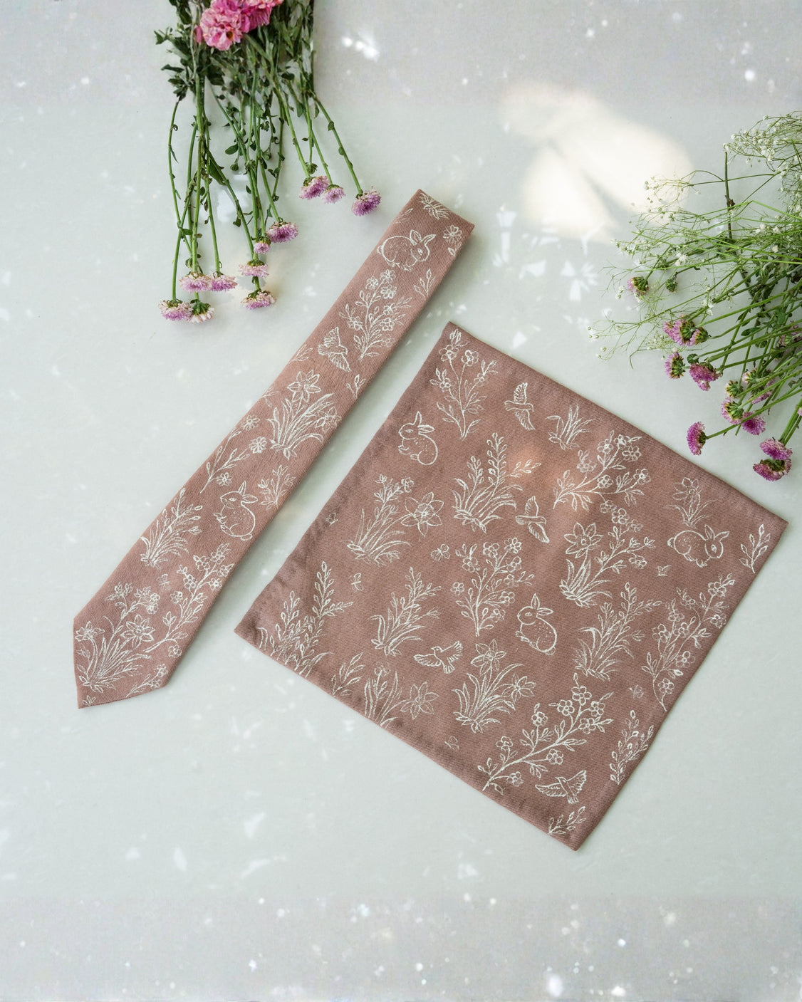 Dusty Rose Hand-Painted Pure Pashmina Tie & Pocket Square Set