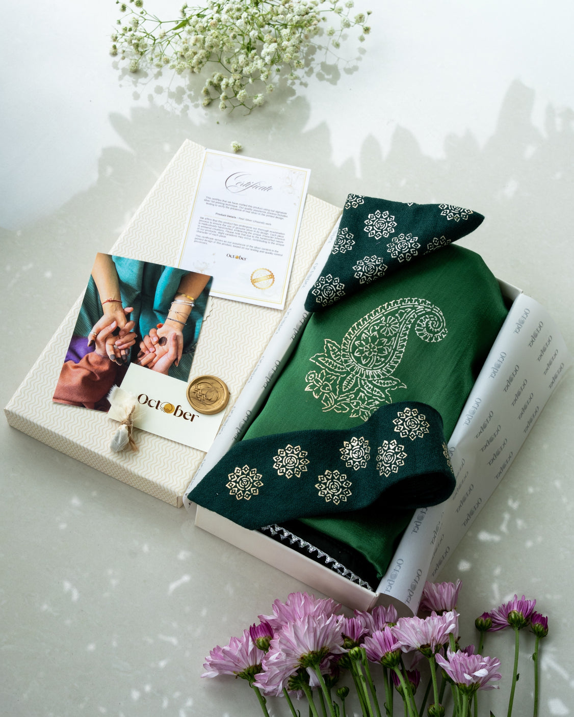 Green Real Silver Printed Mashru Dupatta & Pure Pashmina Tie & Pocket Square Set